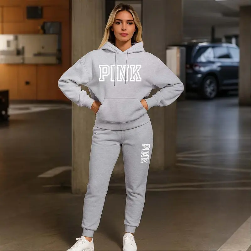 Women's Pink Print Hoodie And Drawstring Track Pants Set