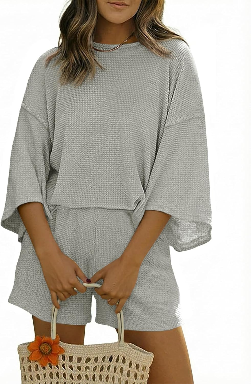 Womens Short Sets 2 Piece Outfits 3/4 Sleeve Tops and Elastic Waist Shorts Lounge Set Casual Loungewear