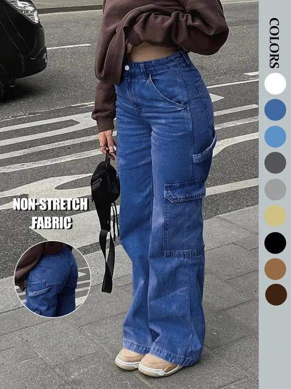 Women’s High-Waist Wide Leg Cargo Jeans with 6 Pockets