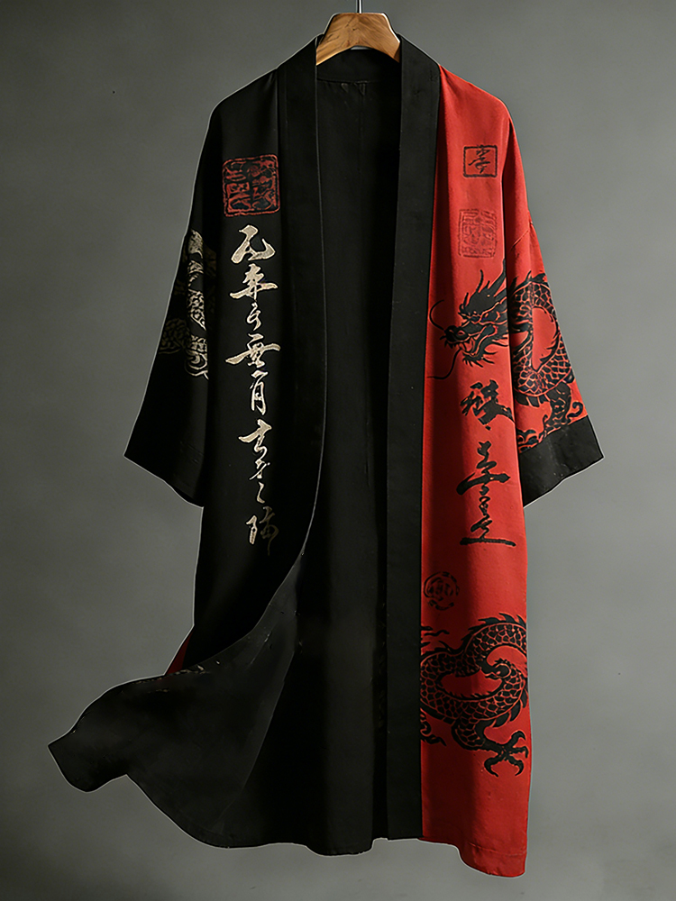 Retro Japanese Dragon Art Flowing Black And Red Contrasting Linen Long Kimono