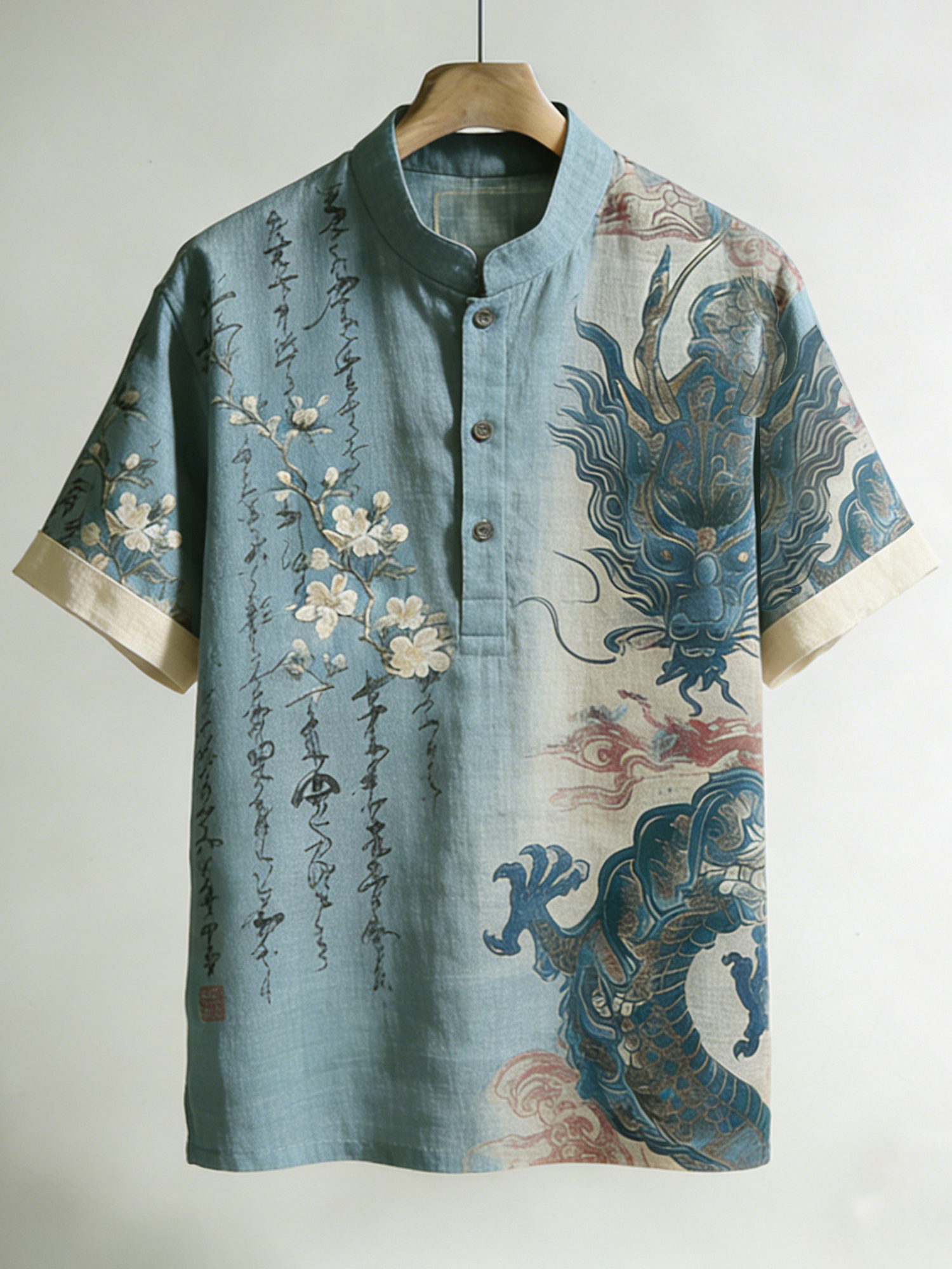 Men's Retro Floral Calligraphy And Dragon Pattern Short Sleeve Shirt