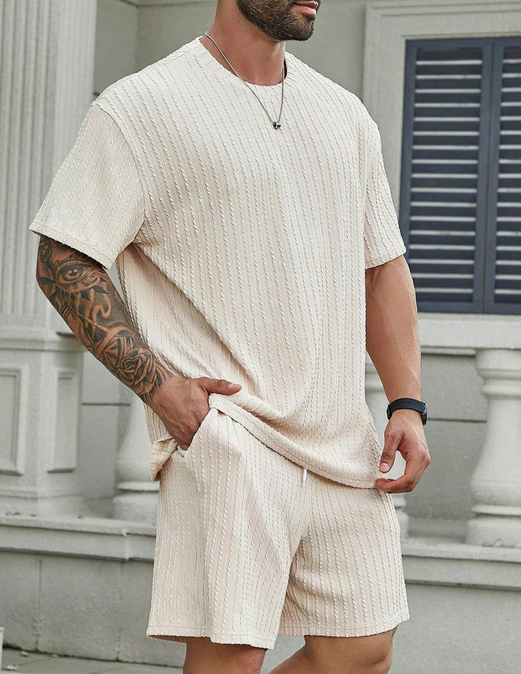 Plus Size Men's Summer 2-Piece Set – Waffle Knit Tee & Pocket Shorts | Casual Regular Fit Outfit
