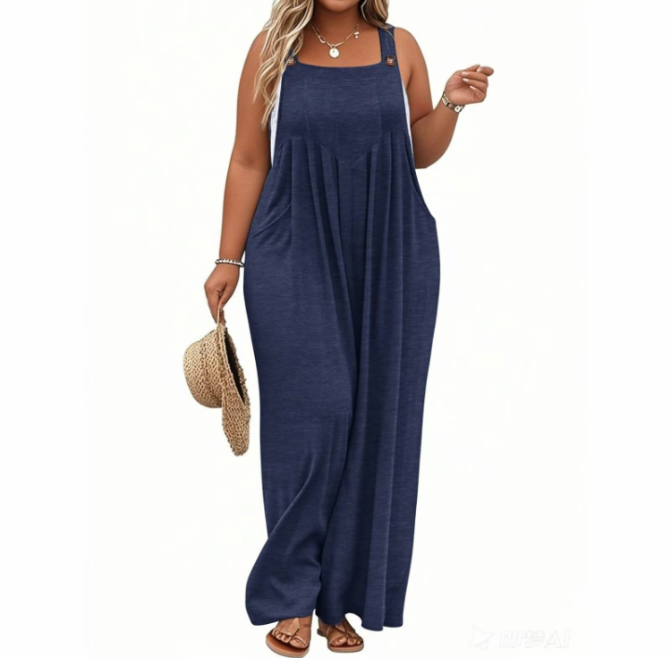 2025 Plus Size Wide Leg Jumpsuit – Loose Summer Romper with Pockets