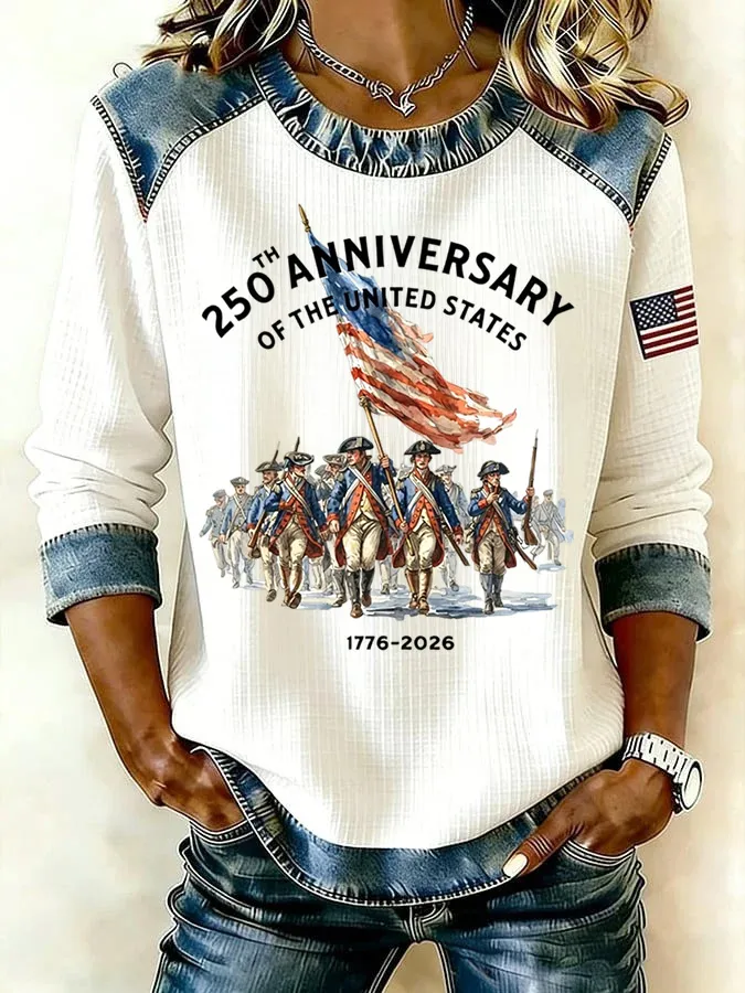 Ladies' Leisure 250Th Anniversary Celebration Splicing Color Contrasting Long Sleeve T-Shirt