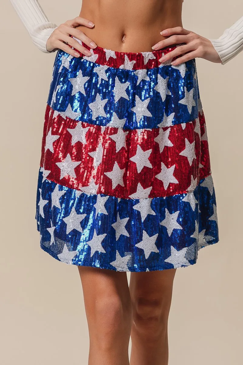 American Flag Theme Star Sequin Tiered Skirt
