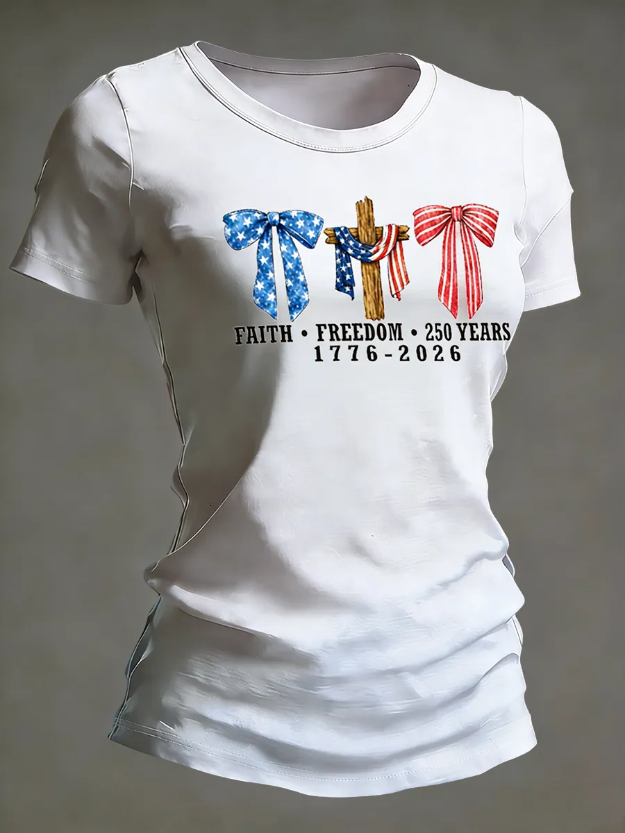 Faith Freedom Patriotic Cross American Flag Bow T-shirt