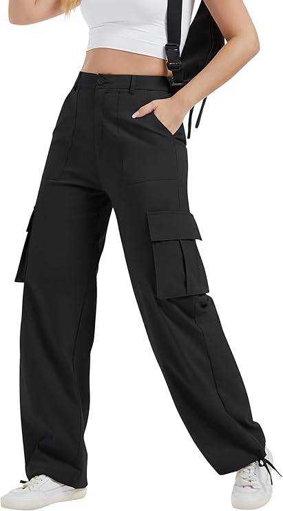 Women's Stretchy High-Waisted Cargo Pants – Lightweight Linen Streetwear with Adjustable Cuffs & Multiple Pockets