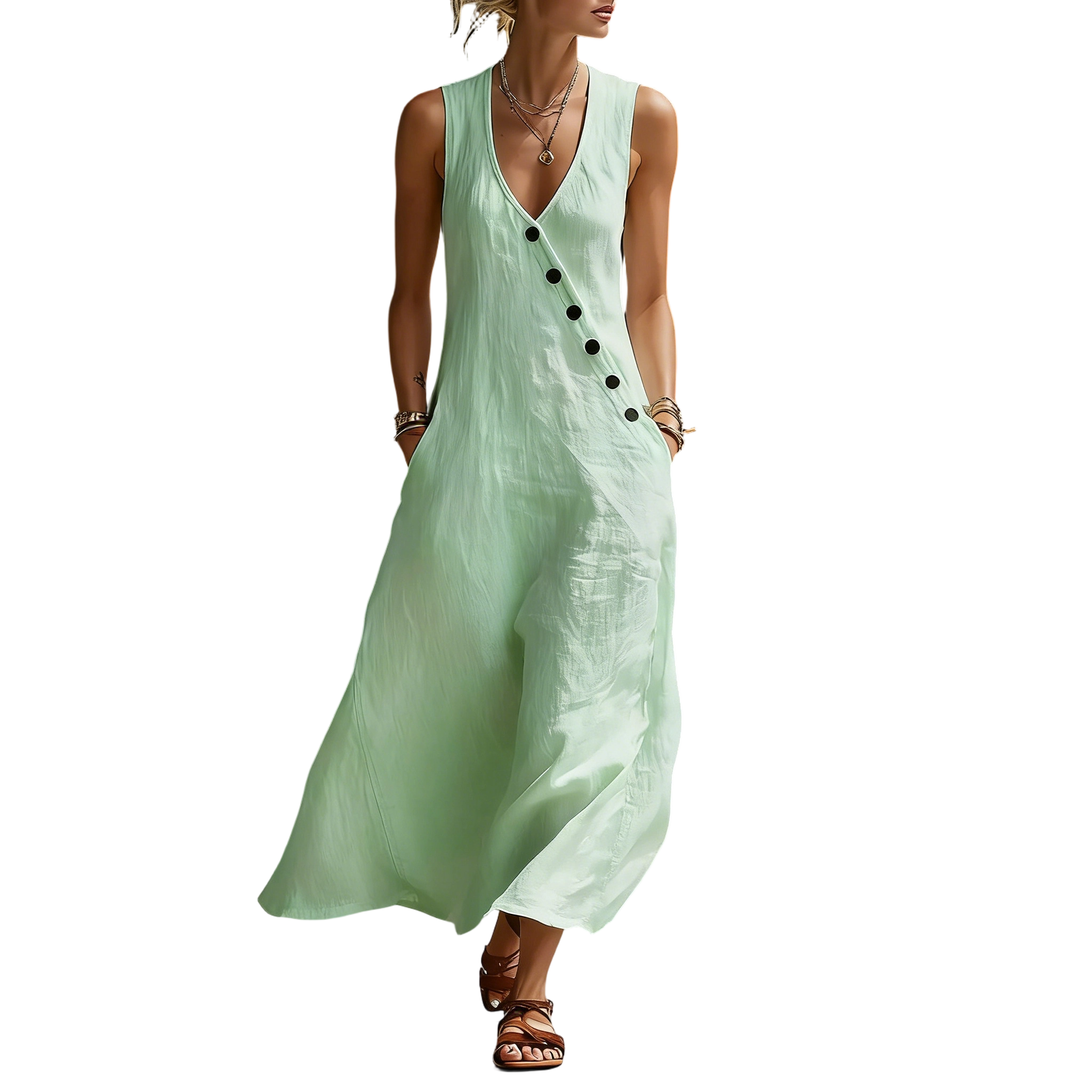 Boho Linen Maxi Dress - Perfect for Beach, Vacation & Brunch! Sleeveless V-Neck Button Detail Casual Dress with Pockets # SleevelessDress