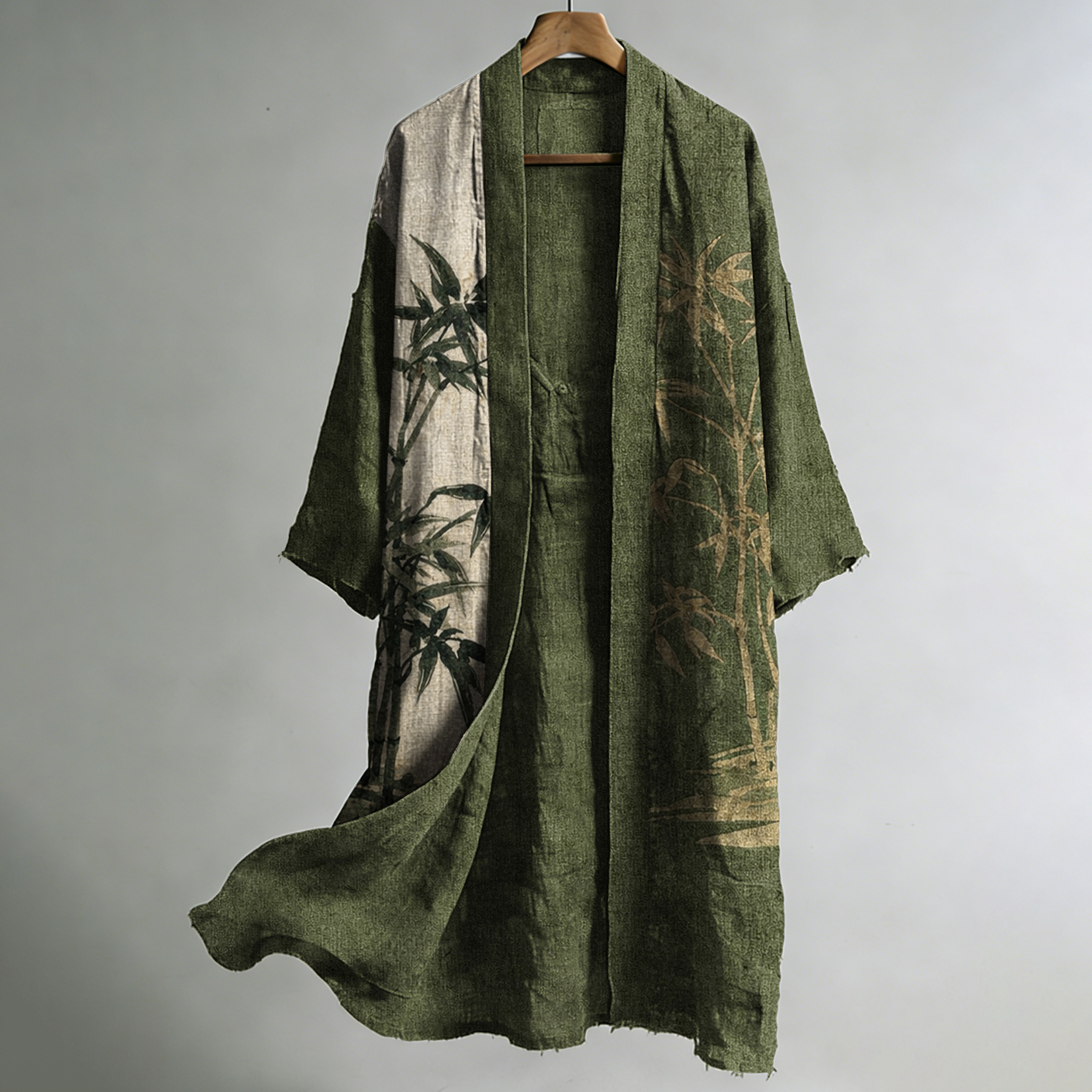 Men's Vintage Bamboo Japanese Art Print  Linen Long Kimono