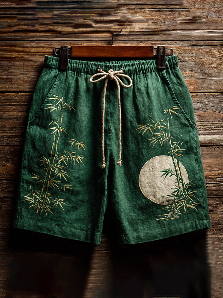 Japanese Bamboo Art Print Linen Blend Casual Shorts