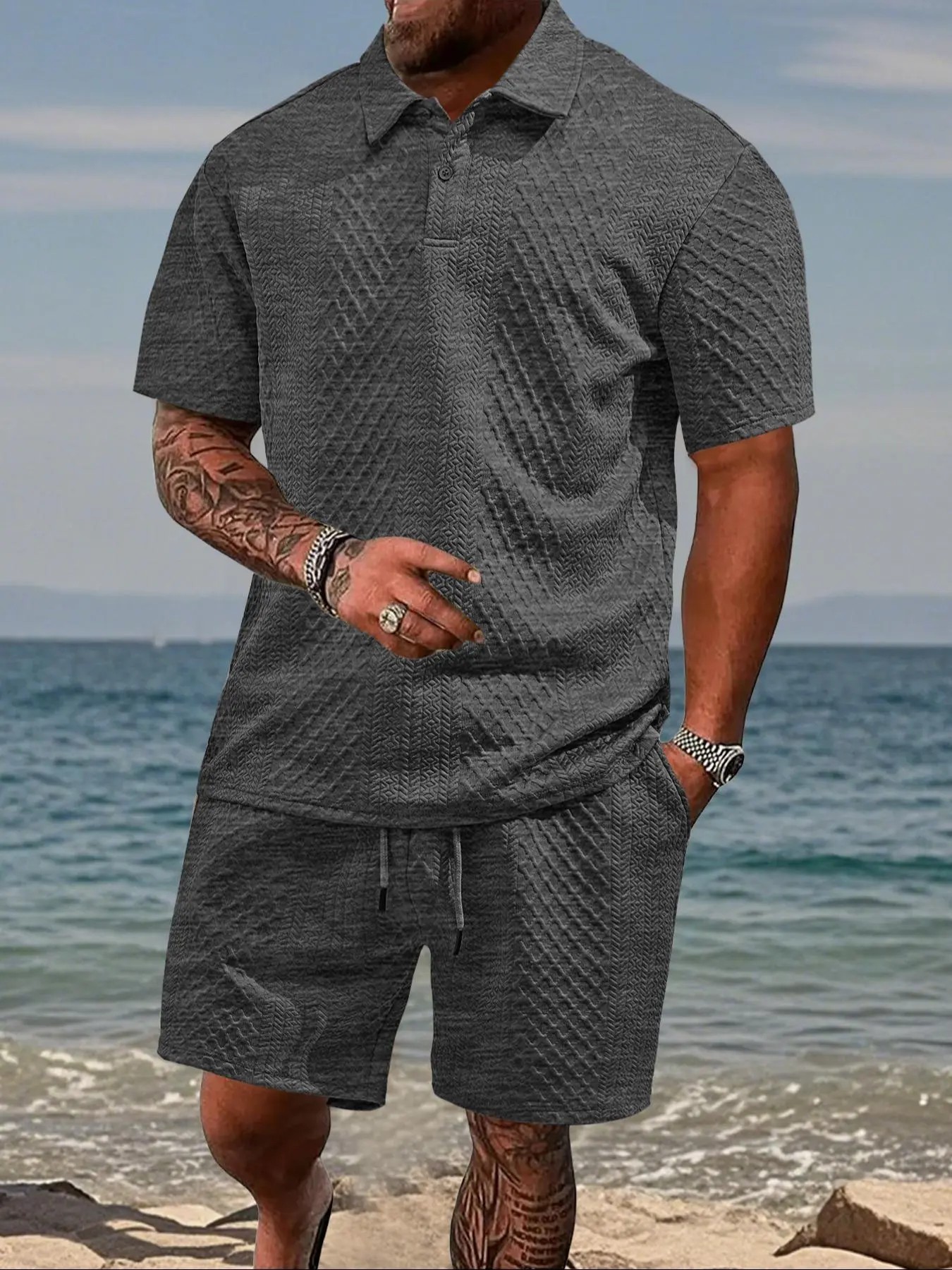 Men’s Polo Shirt & Drawstring Shorts Set – Breathable Casual 2-Piece Outfit