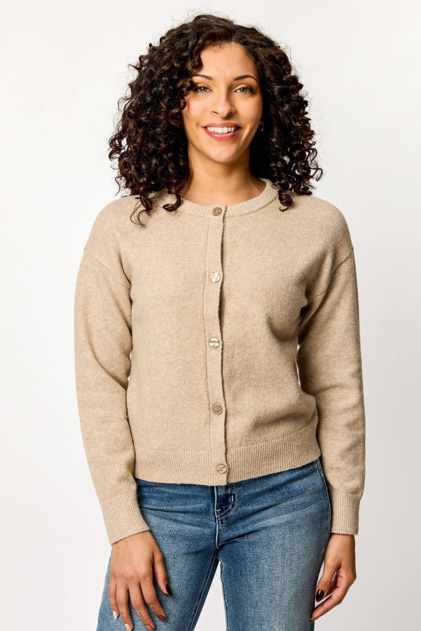Crew-Neck Long Sleeve Button-Front Cardigan