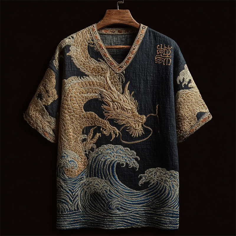 Japanese Golden Dragon & Sea Waves Embroidered Linen Shirt