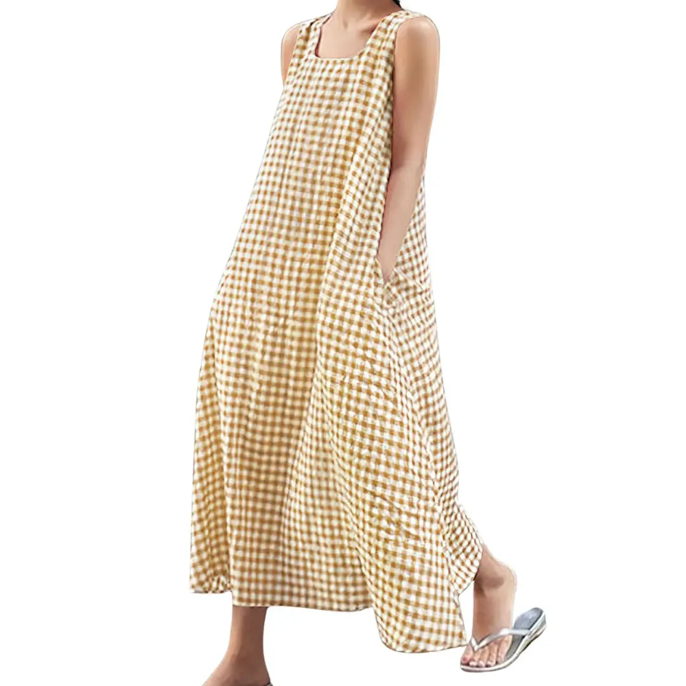 Women's Plaid Cotton Sleeveless Maxi Dress