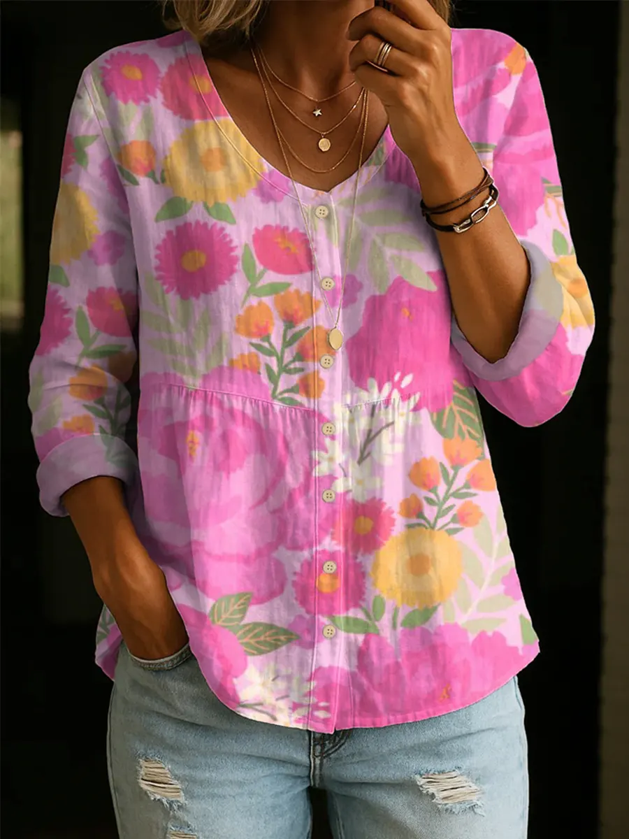 Women's Floral Pattern Art Print Casual Cotton Shirt