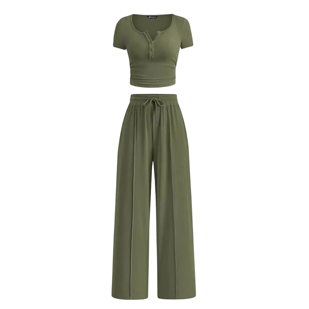 Women's 2-Piece Outfits Summer Ribbed Knit Button Short Sleeve Crop Slim Fit Tops & Wide Leg Pants Lounge Sets