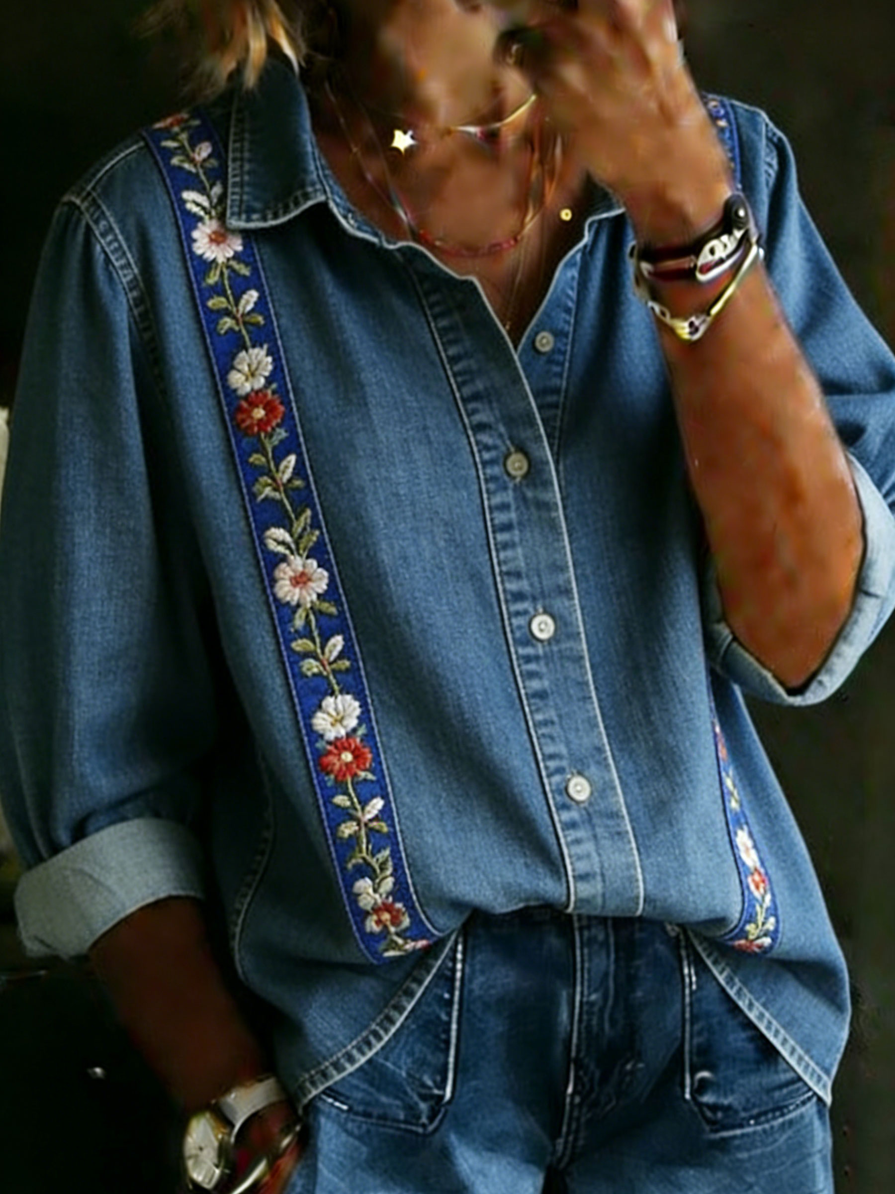 Women's Flower Casual Loose Denim Blouse Shirt