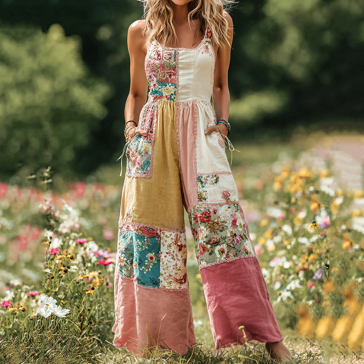 Women's Vintage Floral Patch Art Print Comfy Jumpsuit
