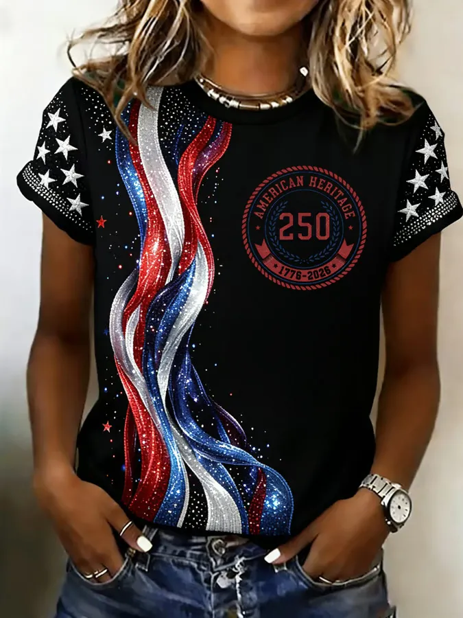 Ladies' Leisure 250Th Anniversary National Day Celebration Round Neck Short Sleeved T-Shirt