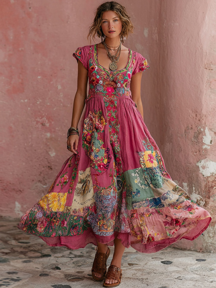 Women's Bohemian Floral Embroidery Art Round Neck Short Sleeve Midi Dress