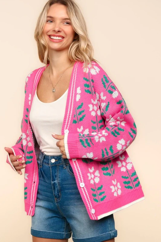 Fancy  Floral Jacquard V-Neck Button Up Cardigan