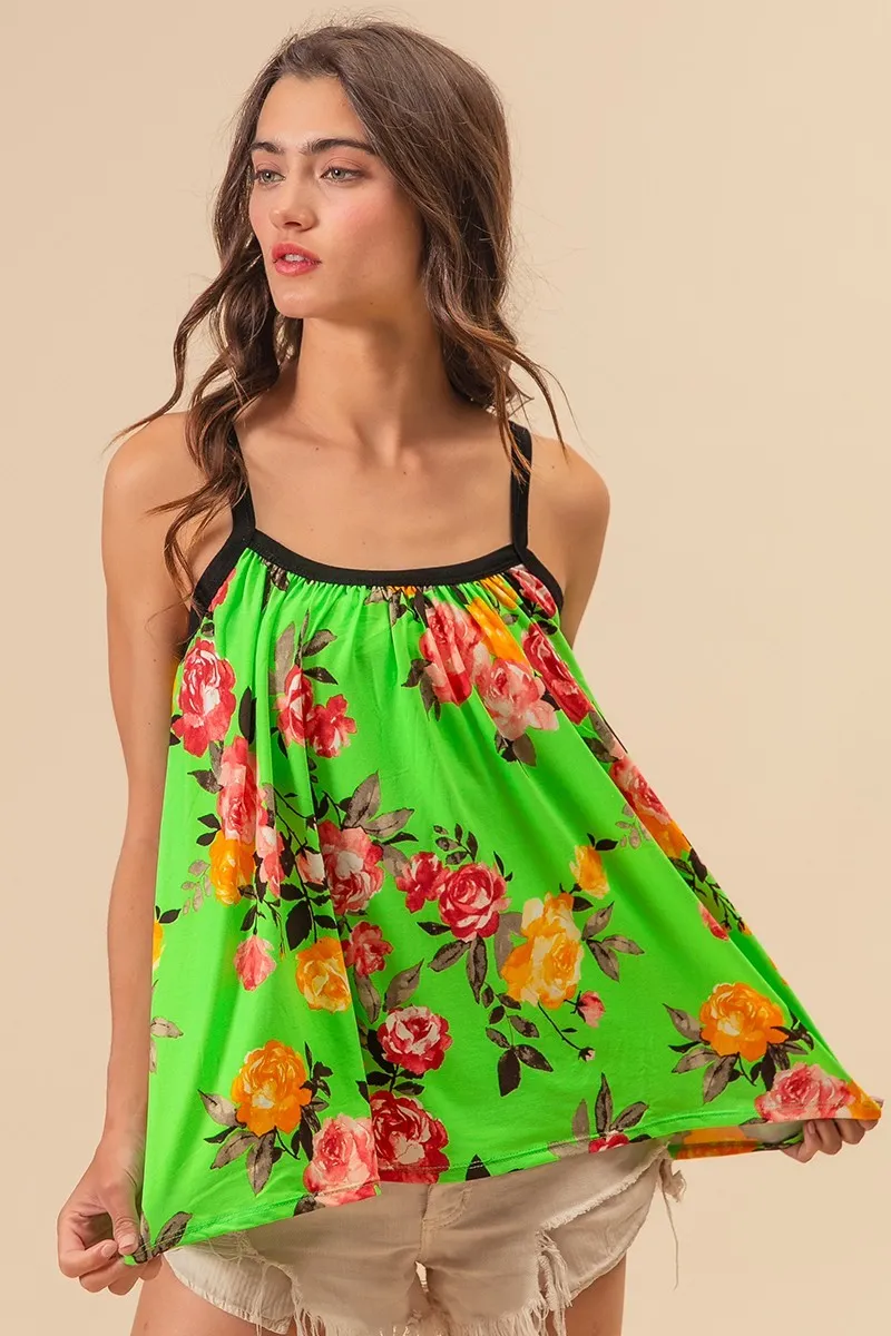 Floral Print Jersey Knit Gathering Cami Top