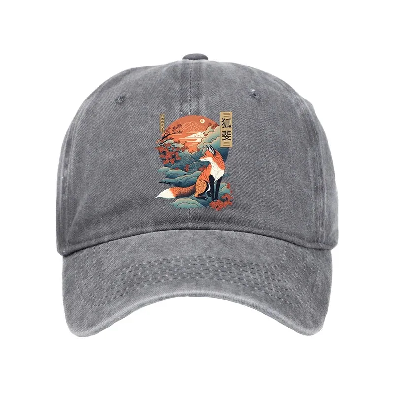 Japanese Kitsune Fox Sakura Washed Cap