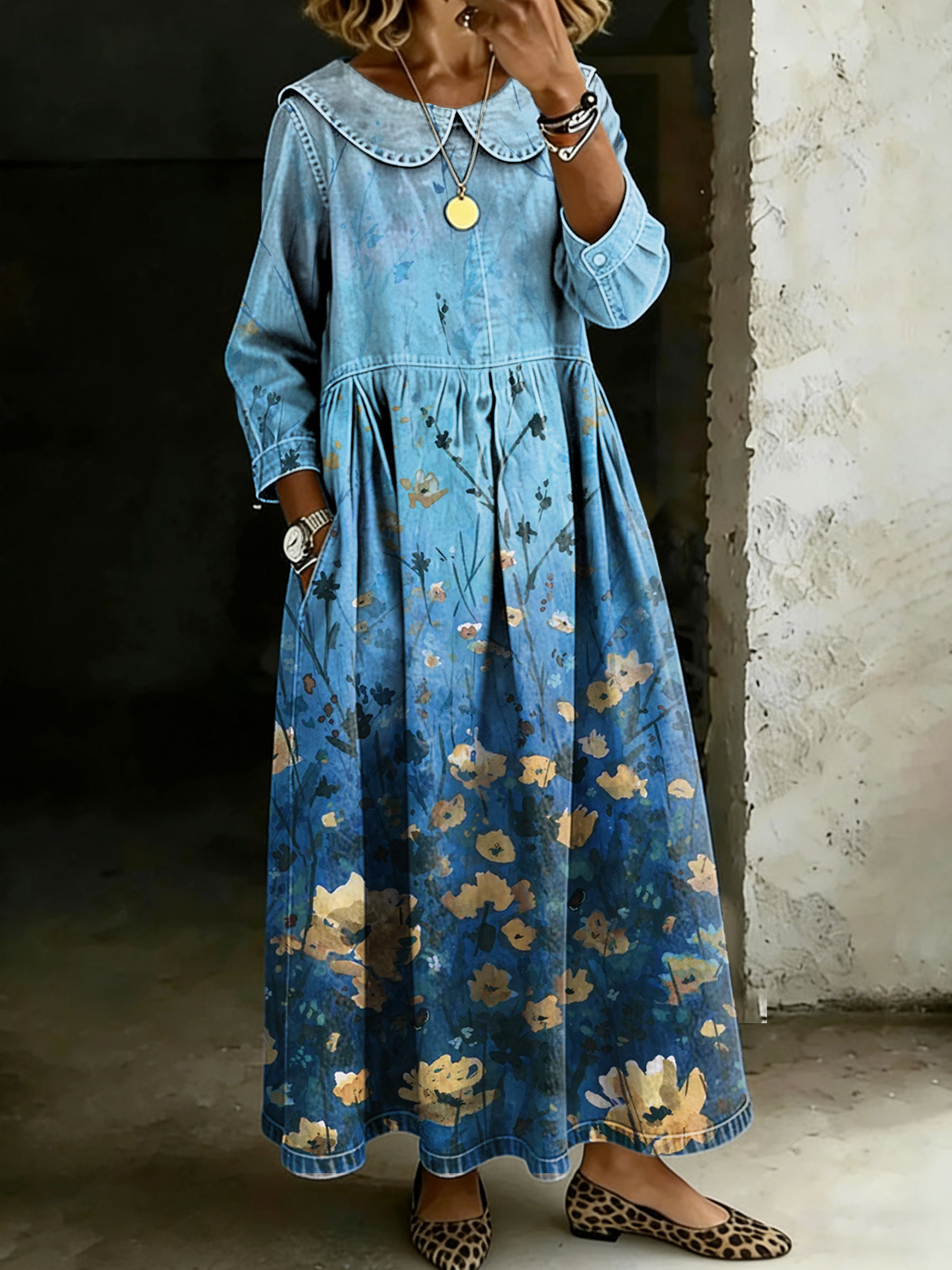 Women's Vintage Flower Peter Pan Collar Long-sleeved Casual Loose Denim Dress