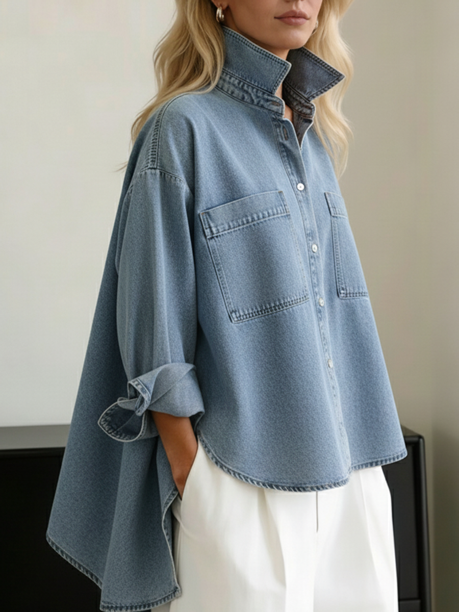 Casual Stand-collar Irregular Hem Denim Shirt Top
