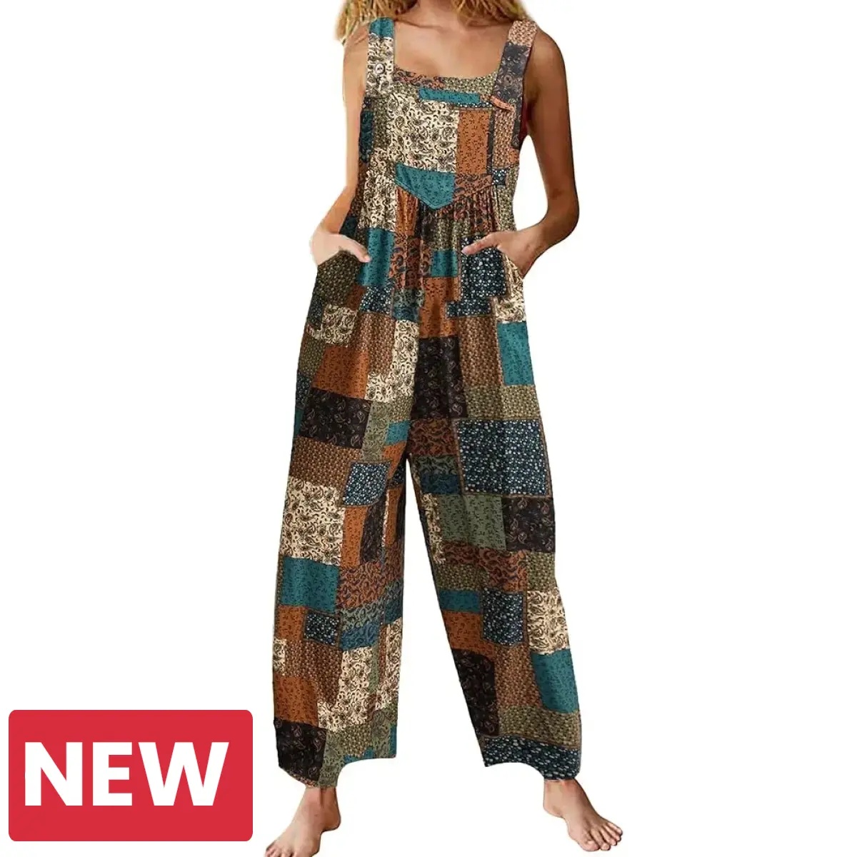 Tanming Women's Patchwork Dual Pocket Jumpsuit Loose Floral Print Bohemian Wide Leg Bib Overall Springfresh