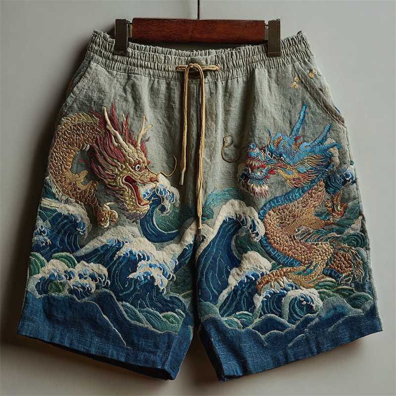 Japanese Dragons & Sea Waves Embroidered Linen Shorts