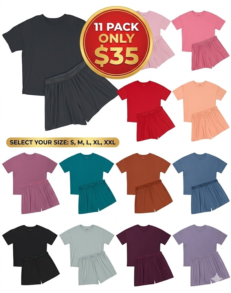 Hanes Originals 2 Piece Lounge Set Comfywear Supersoft Boxy T-shirt & Sleep Shorts Loungewear Women's Comfortable Fit Soft Stretch Fabric Breathable Hla202
