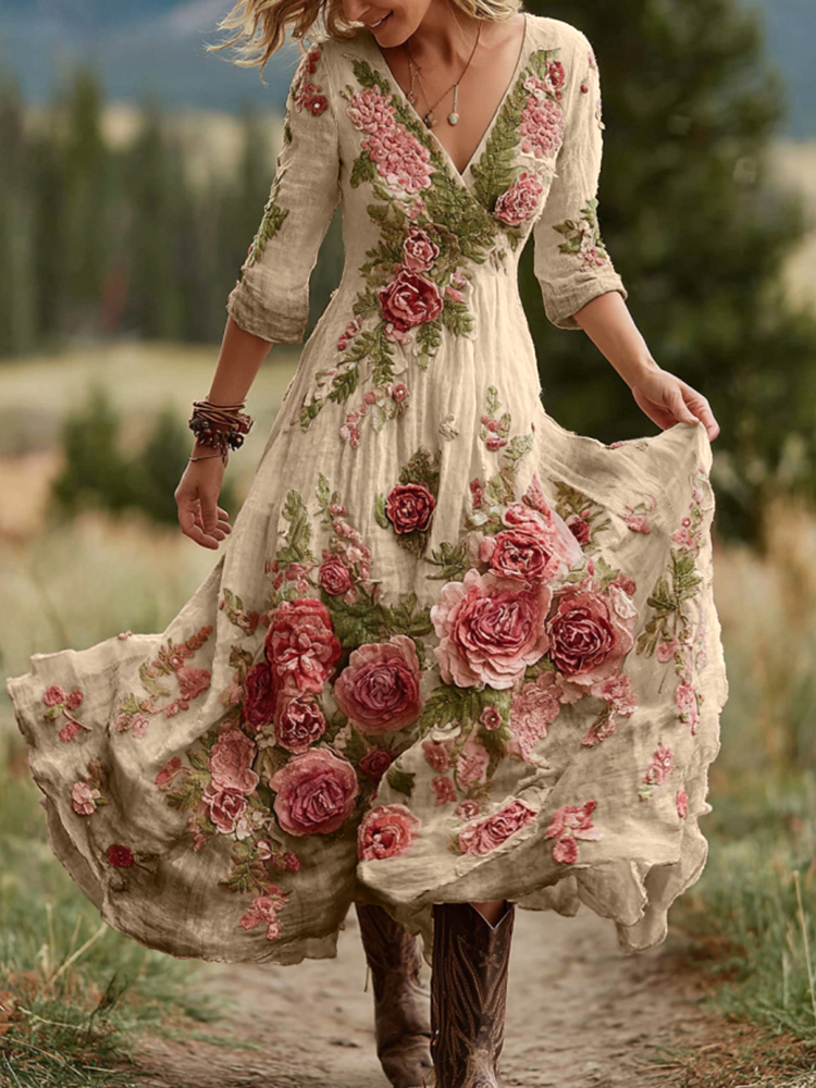 Women's Vintage Rose Floral Art V Neck Linen Blend Comfy Maxi Dress