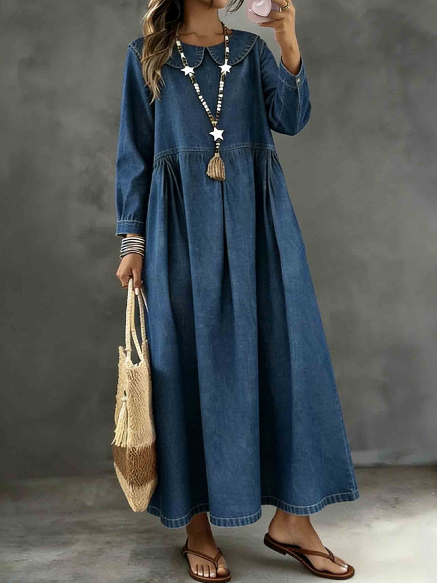 Long Sleeved Lotus leaf collar  Loose Denim Dress