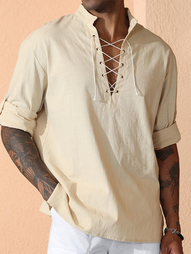 Men's cotton and linen shirt with drawstring sleeves