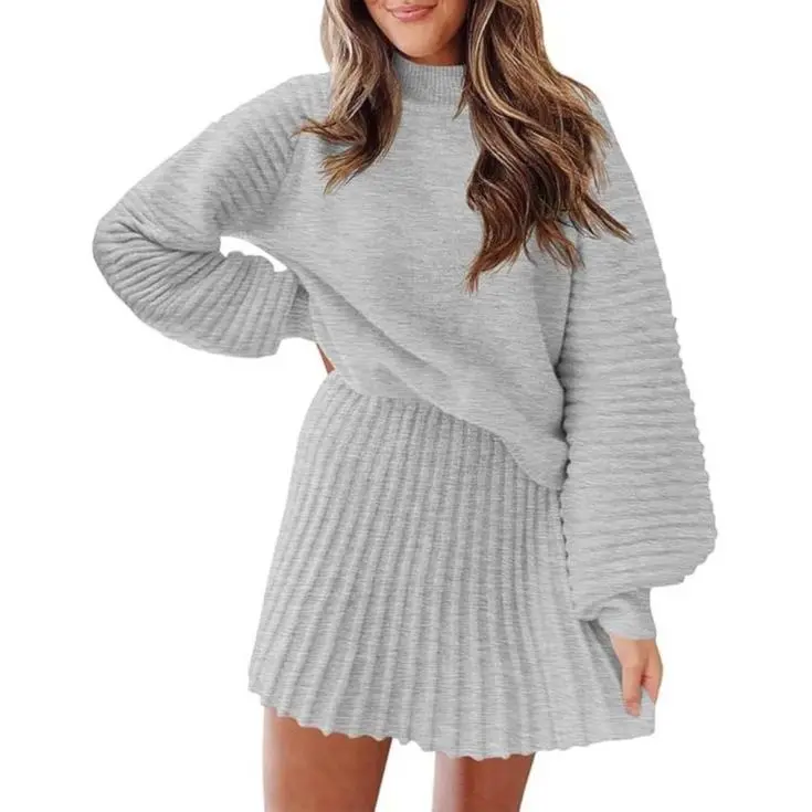 Women's 2 Piece Outfits 2025 Long Sleeve Mock Neck Ribbed Sweaters And Mini Skirt Two Piece Sets