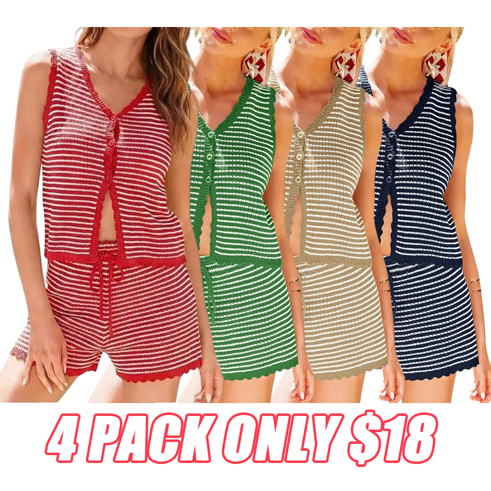 Women's Striped 2 Piece Lounge Set - Knit Vest & Shorts Y2K Casual Summer Matching Outfit