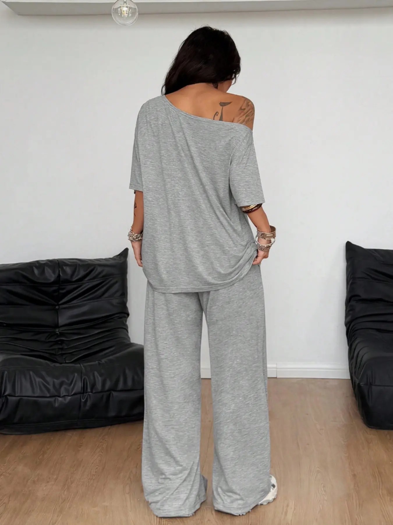 Women's Minimalist Basic Daily Wear Casual Going Out Sport Comfortable Off Shoulder T-Shirt And Wide Leg Pants Two Pieces Outfits