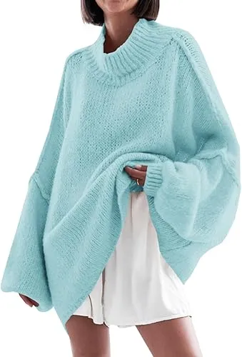✨Womens Oversized Mock Neck Batwing Long Sleeve Ribbed Knit Casual Tunic Sweater🔥