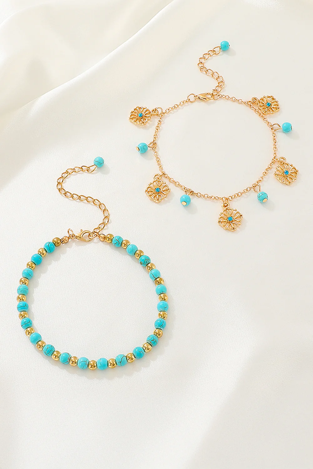 Gold Turquoise Beaded Flower Charm Layered Adjustable Anklet