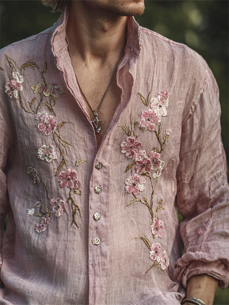 Men's Vintage Pink Cherry Blossom Embroidered Flowy Linen Shirt