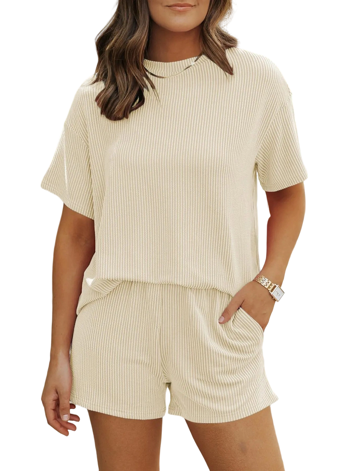 Women's Solid Twisted Ribbed Knit Textured Pocket Shorts Set, Casual Short Sleeve T-shirt & Elastic Waist Shorts