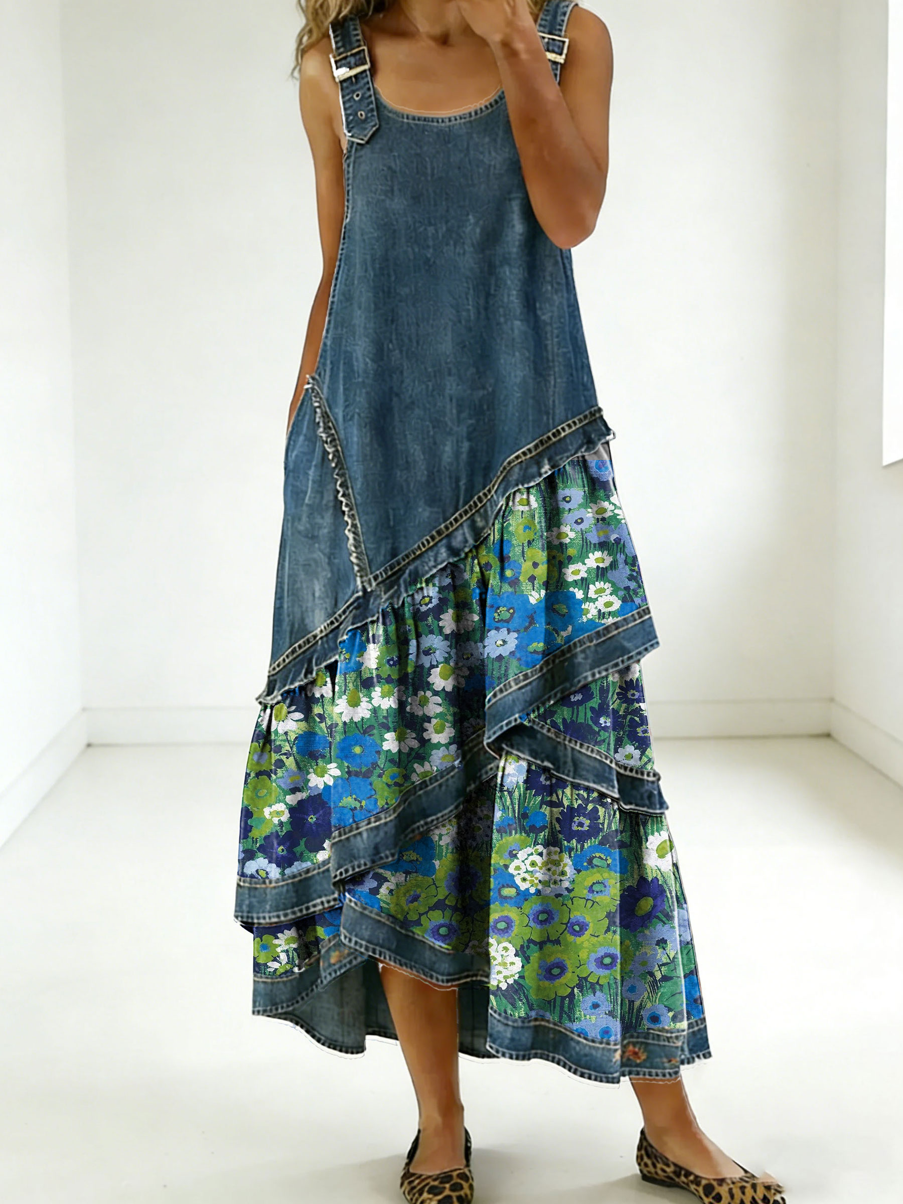 Women's Fashion Floral Denim Design Sleeveless Multi-layered Ruffled Strap Dress