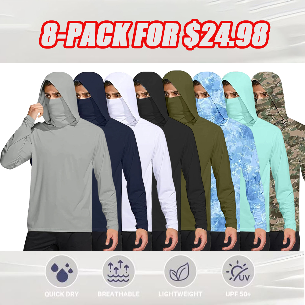 Long Sleeve Sun Shirt Men UPF 50+ Rash Guard Cooling Fishing Hoodies with Mask Casual Summer UV SPF Hiking Blouses