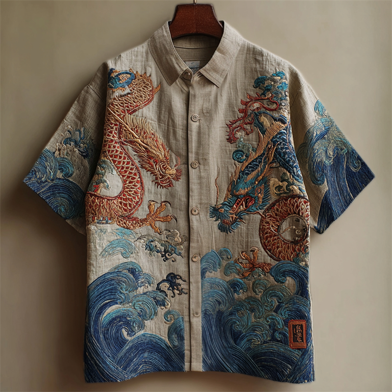 Japanese Dragons & Sea Waves Embroidered Linen Shirt