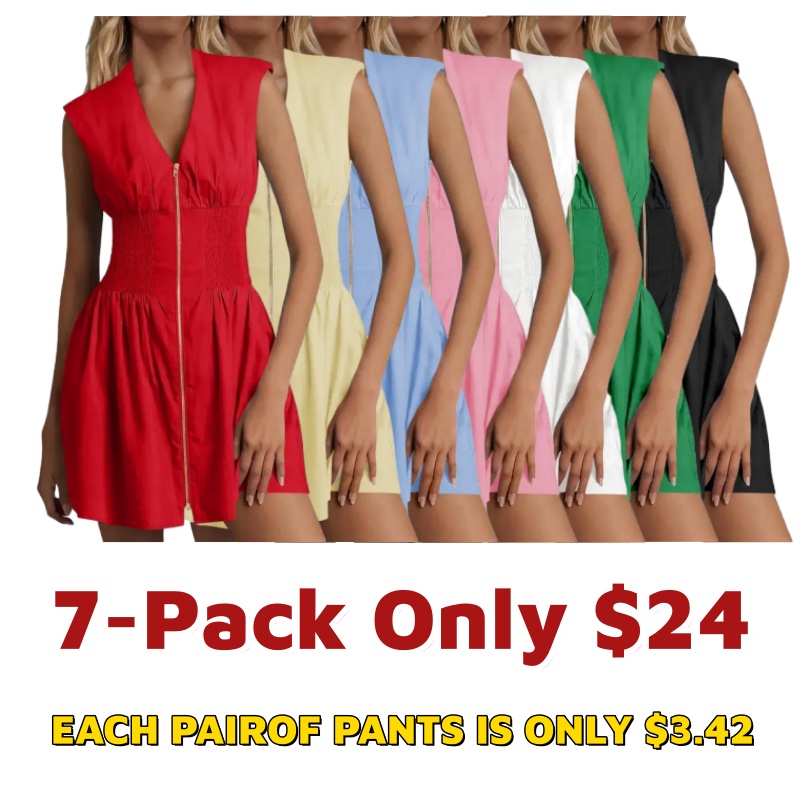 Women's Sleeveless Tank Mini Dress Casual Zip Front V Neck Loose Summer Smocked Dresses with Pockets