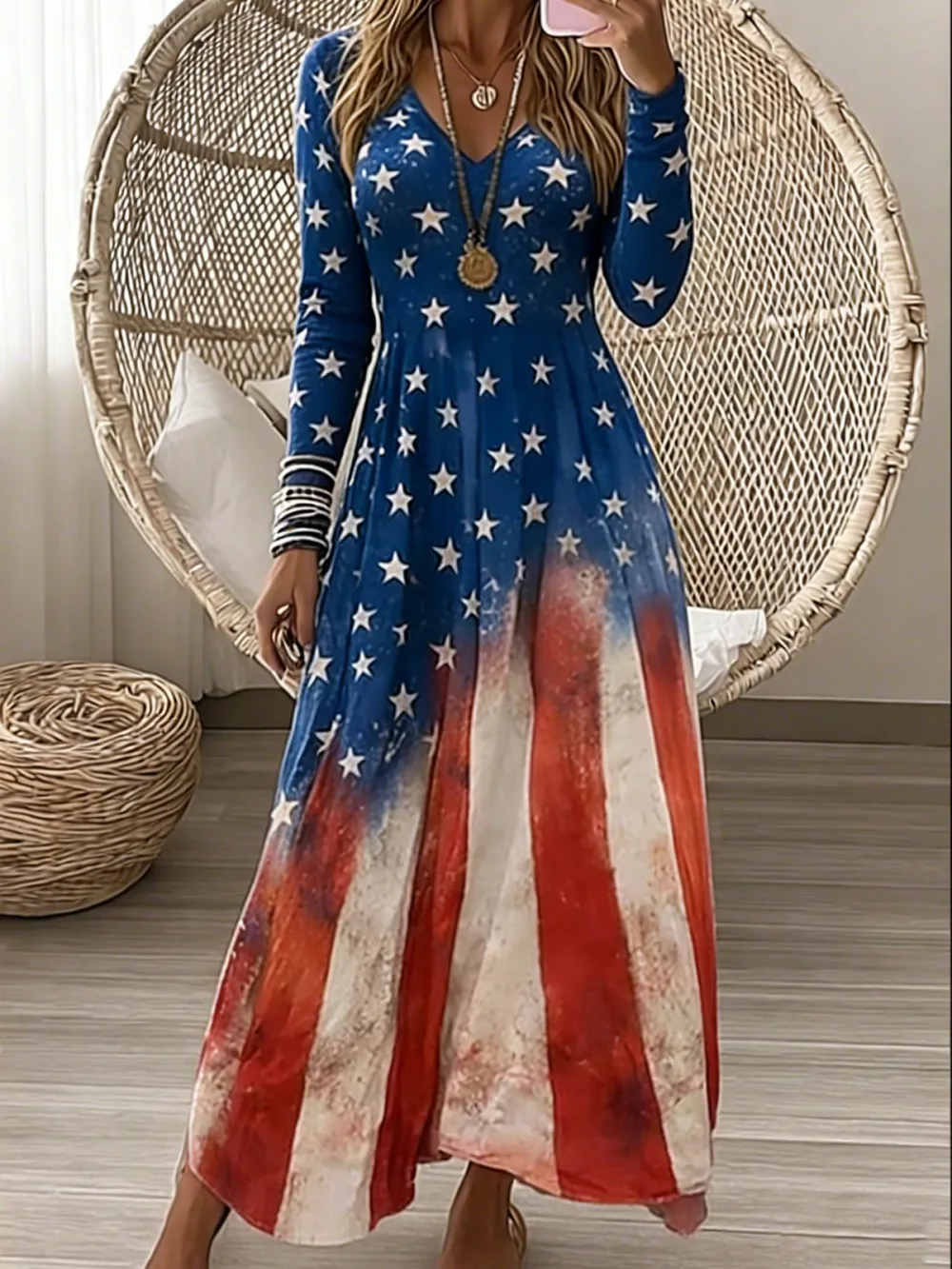 Women Geometric Spring/Fall Dress V Neck Long Sleeve A-Line Dress