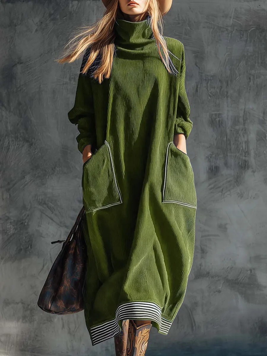 Women's Solid Color High Neck Long Sleeve Casual Loose Pocket Dress