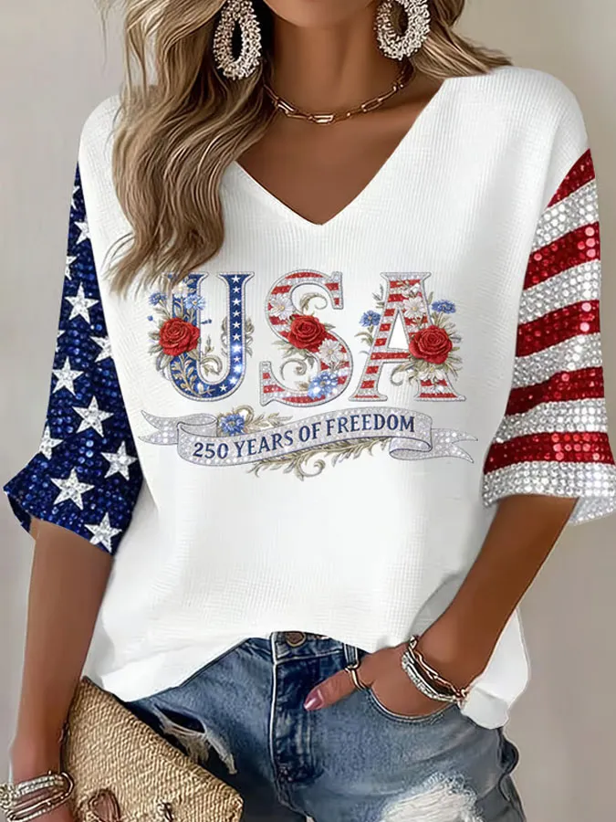 Women'S 250Th Anniversary Printed V-Neck Top For The Founding Of The United States