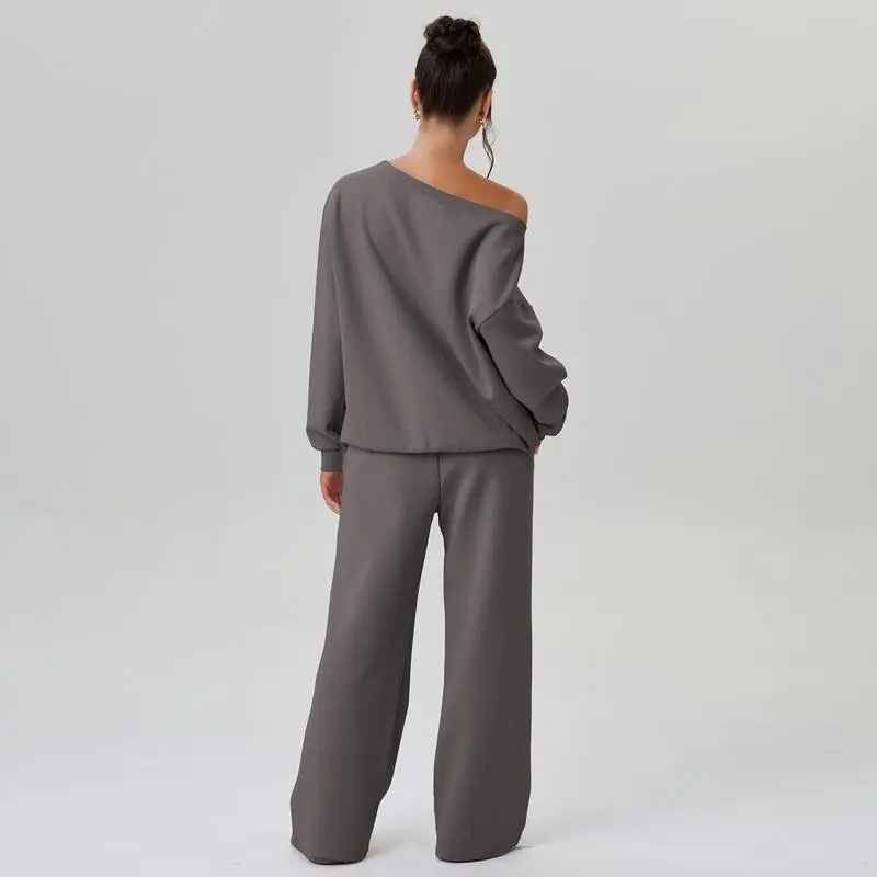 Women's Leisure Solid Color Sloping Shoulder Long Sleeve Top & Wide-Leg Trousers Set
